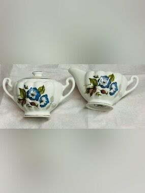 Royal Dover England Creamer & Sugar Bowl Set Demitasse Bone China Blue Flowers